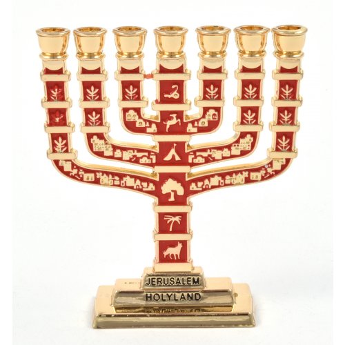 Miniature 7 Branch Menorah with Judaic Symbols, Red and Gold - 2.7 Height