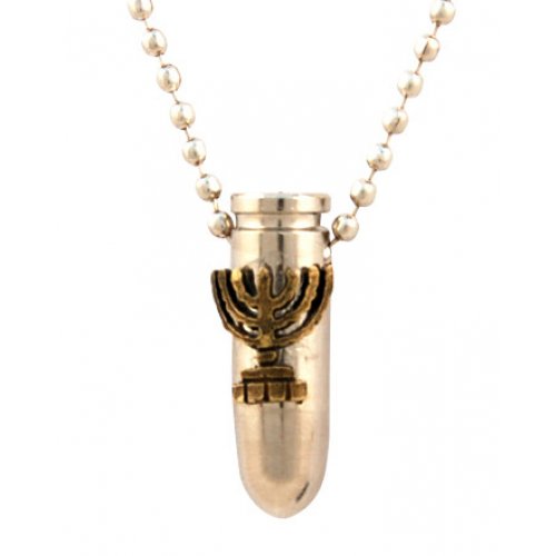 Necklace, Bronze Israeli Army Bullet Metal Pendant - Menorah Image