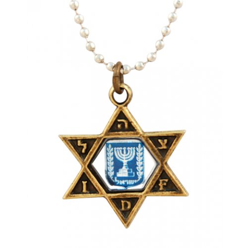 Necklace, Bronze Star of David IDF Pendant with Blue Menorah Emblem - Ball Chain