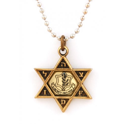 Necklace, Star of David Pendant with IDF Emblem on Reflective Center - Ball Chain