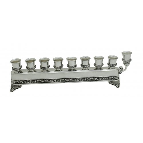 Nickel Plated Chanukah Menorah - Ornate Design