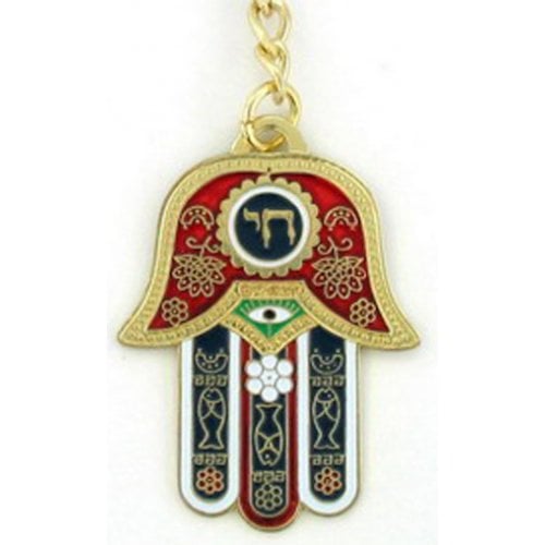 Nickel Plated Colorful Hamsa Keychain with Good Luck Symbols