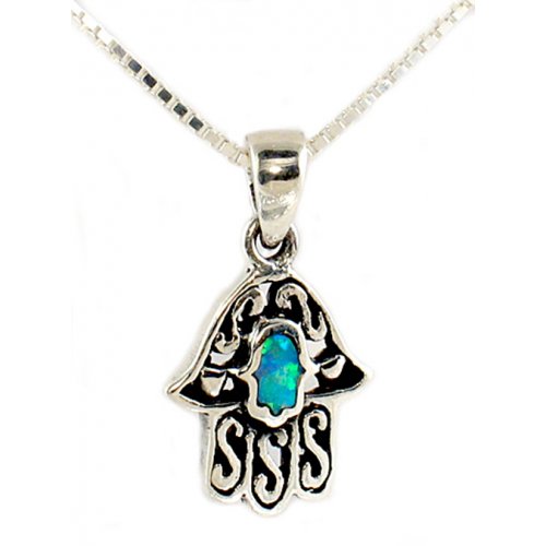 Opal Sterling Silver Filigree Hamsa Necklace