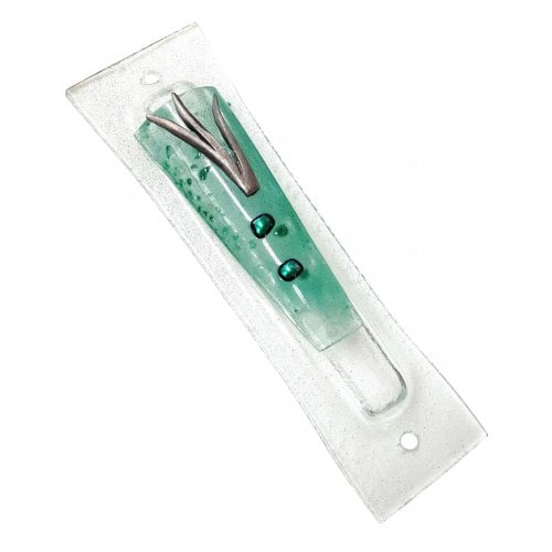 Opaque Glass Mezuzah Case Decorative Elements Pewter Shin - Green