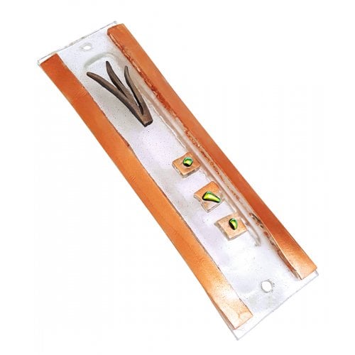 Opaque Glass Mezuzah Case Decorative Elements Pewter Shin - Orange