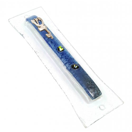 Opaque Glass Mezuzah Case Decorative Elements Pewter Shin Daled Yud - Blue