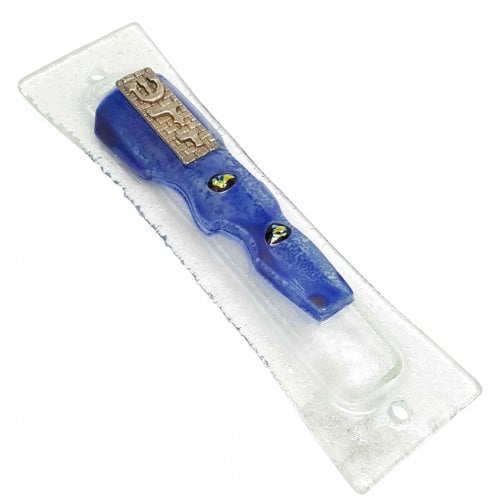 Opaque Glass Mezuzah Case Decorative Western Wall Shin, Daled Yud - Blue