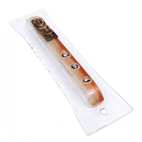 Opaque Glass Mezuzah Case, Western Wall, Shin Daled Yud - Brown