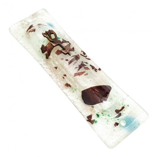 Opaque Glass Mezuzah Case with Pewter Shin Daled Yud - Brown Abstract Design