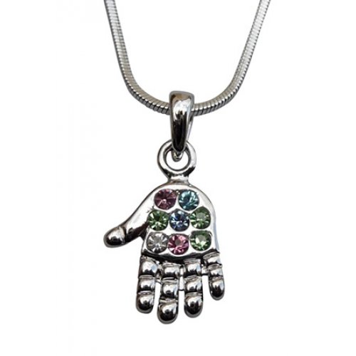 Open Hamsa Rhodium Pendant Necklace with Multicolor Stones