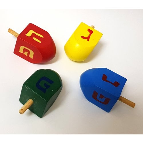 Package of Four Colorful Wood Dreidels with letters