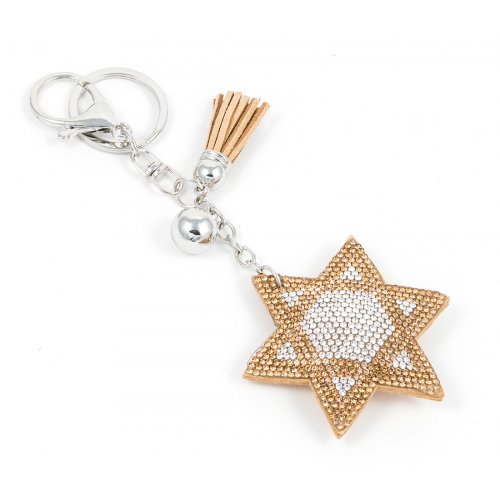 Padded Felt Star of David Key Chain, Glitter Gold & Silver Stones with Tassel