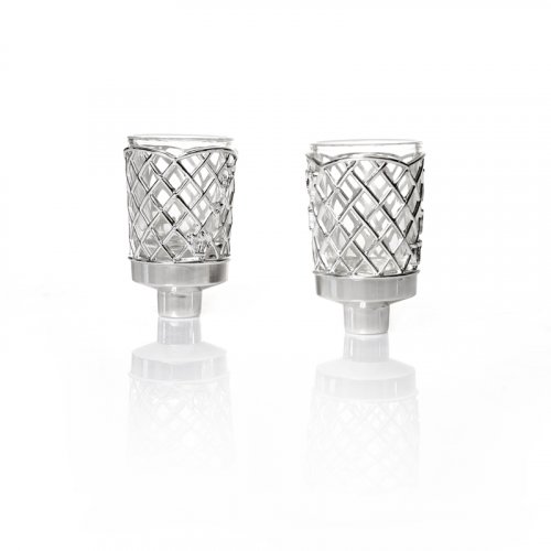 Pair of Glass Oil/Candle Inserts with Silver Plated Criss Cross Design