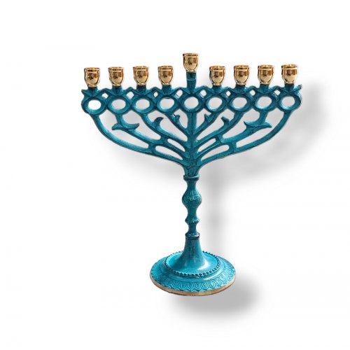 Patina Chanukah Menorah with Pomegranate and Leaf Design, for Candles - 10 Inch