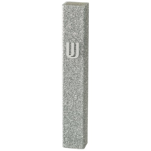 Perspex Mezuzah Case of Glittering Gray Silver, Silver Shin - Scroll of 12 cm