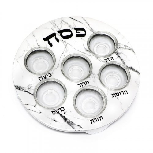 Pesach Passover Seder Plate with Six Glass Bowls - White Gray Marble Design