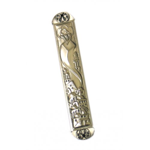 Pewter Plated Mezuzah Case, Wave Jerusalem Design - Gray