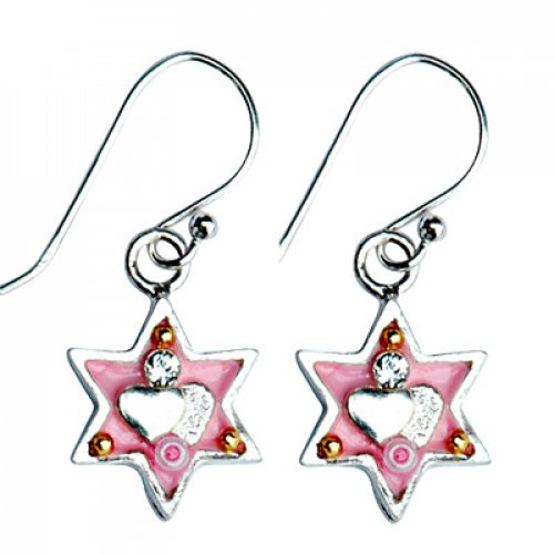 Pink Star of David Earrings with heart by Ester Shahaf