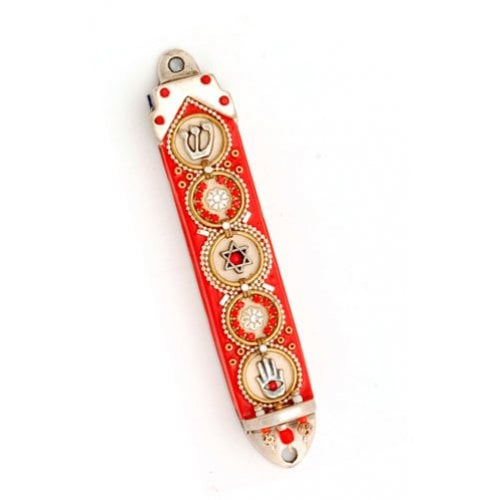 Red Hamsa Star of David Mezuzah Case - Ester Shahaf