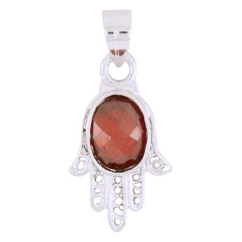 Rhodium Plated Hamsa Hand Pendant with Red Garnet Stone in Palm