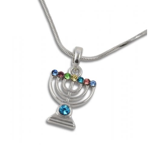 Rhodium Plated Pendant Necklace 7 Branch Menorah - Colored Stones