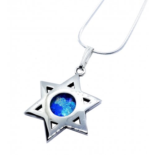 Roman Glass 925 Sterling Silver Necklace with Star of David Polished Finish