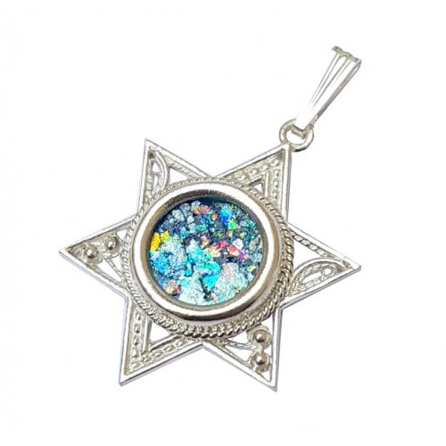 Roman Glass Filigree 925 Sterling Silver Necklace with Star of David