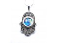 Roman Glass Sterling Silver Hamsa Pendant Necklace with Beaded Filigree