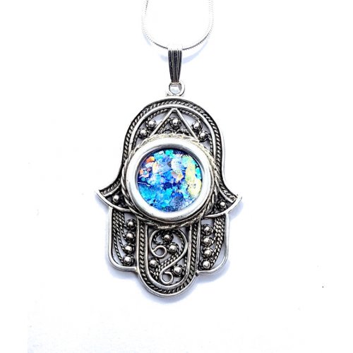 Roman Glass Sterling Silver Hamsa Pendant Necklace with Beaded Filigree