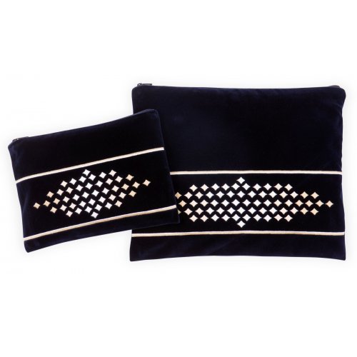 Ronit Gur Embroidered Dark Blue Velvet Tallit and Tefillin Bags - Gold Diamonds