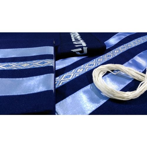 Ronit Gur Navy Tallit Prayer Shawl with Stripes and Blessing with Bag and Kippah