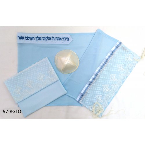 Ronit Gur Organza Tallit Prayer Shawl Set With Decorative Floral Panel - Blue