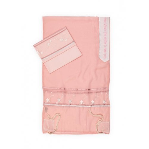 Ronit Gur Organza Tallit Prayer Shawl Set With Decorative Floral Panel - Pink