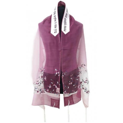 Ronit Gur Tallit Prayer Shawl Set, Deep Pink With Flower Design - Organza