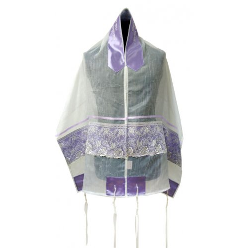 Ronit Gur Tallit Prayer Shawl Set, Organza with Violet Floral Lace Decoration