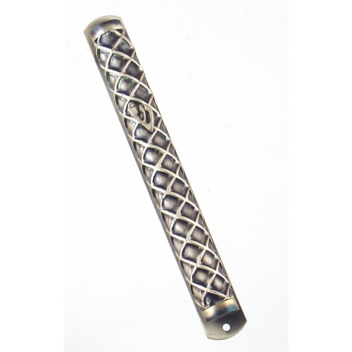 Round Pewter Mezuzah Case with Criss-Cross Design