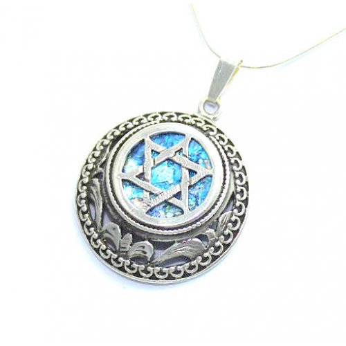 Round Roman Glass Filigree 925 Sterling Silver Necklace with Center Star of David