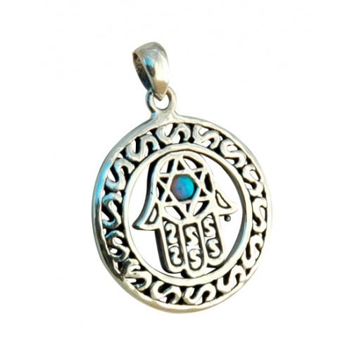 Round Silver and Opal center Hamsa Pendant