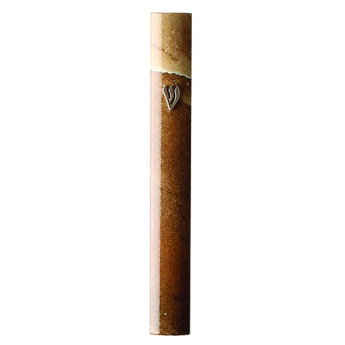 Rounded Aluminum Mezuzah Case - Brown Marble Design