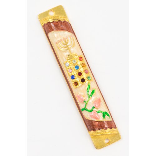 Rounded Mezuzah Case with Breastplate and Menorah Design - Off White & Burgundy