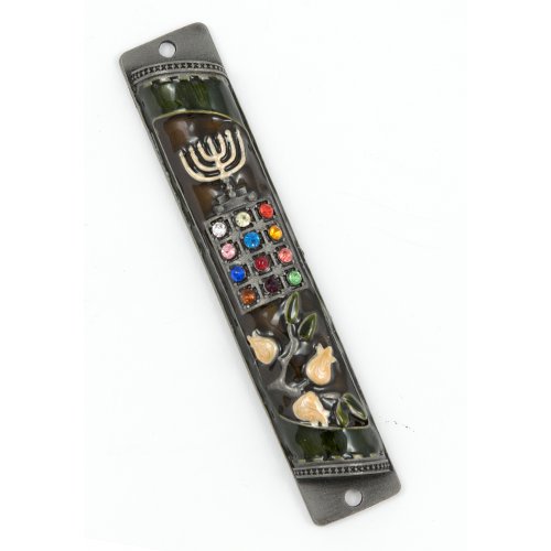 Rounded Mezuzah Case with Colorful Hoshen Breastplate and Menorah - Brown