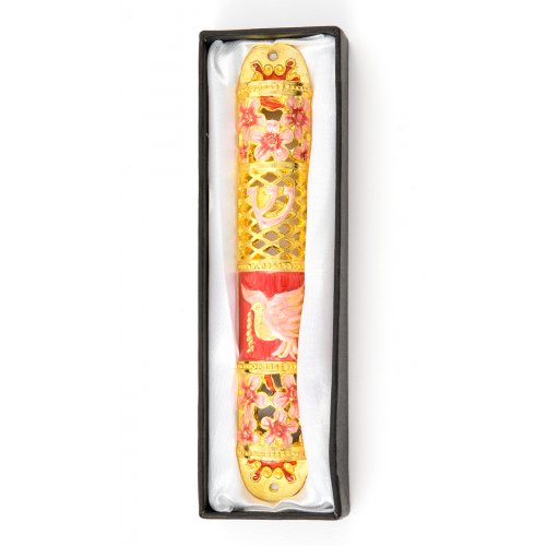 Rounded Mezuzah Case with Dove of Peace and Flowers - Pink, Red and Gold