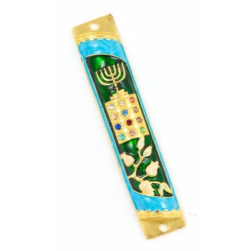 Rounded Mezuzah Case with Gleaming Breastplate and Menorah - Teal and Gold