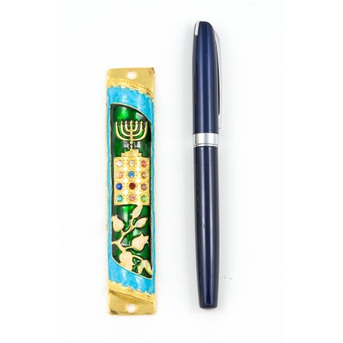 Rounded Mezuzah Case with Gleaming Breastplate and Menorah - Teal and Gold