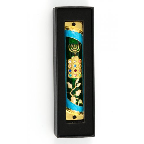 Rounded Mezuzah Case with Gleaming Breastplate and Menorah - Teal and Gold