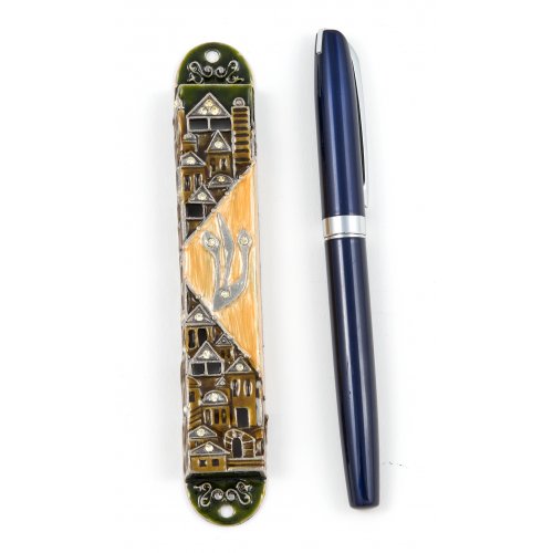 Rounded Mezuzah Case with Gleaming Jerusalem Images - Brown