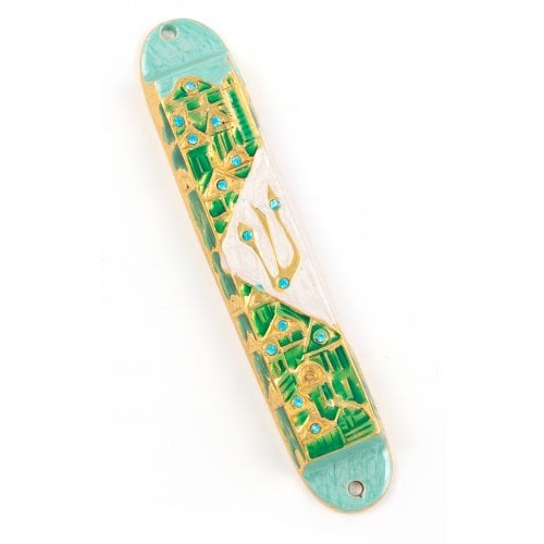 Rounded Mezuzah Case with Gleaming Jerusalem Images - Green, Gold and Off White