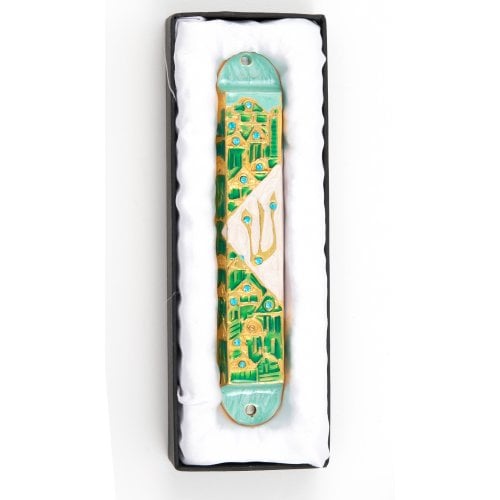 Rounded Mezuzah Case with Gleaming Jerusalem Images - Green, Gold and Off White