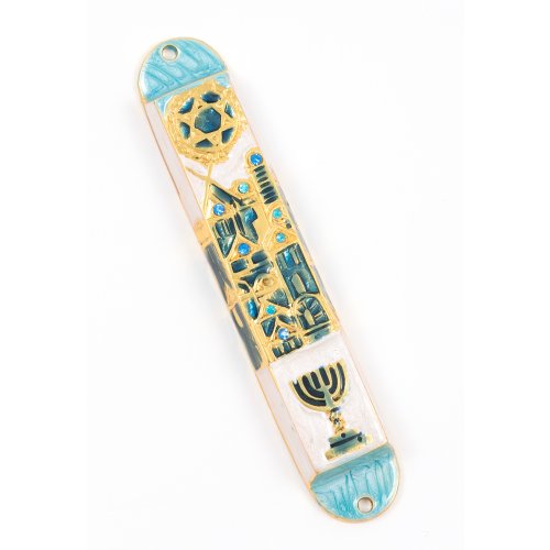 Rounded Mezuzah Case with Gleaming Judaic Symbols - Gold, Green and Off White