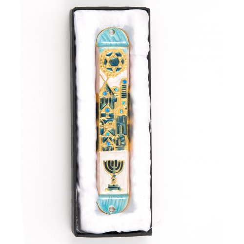 Rounded Mezuzah Case with Gleaming Judaic Symbols - Gold, Green and Off White